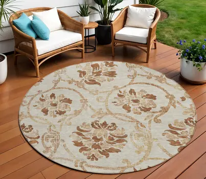 8' Terra Cotta Copper And Beige Round Floral Washable Indoor Outdoor Area Rug