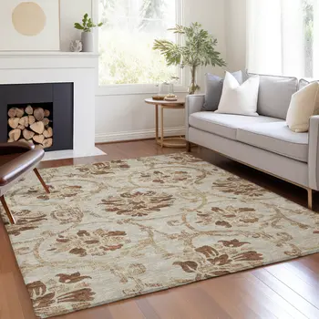 8' X 10' Terra Cotta Copper And Beige Floral Washable Indoor Outdoor Area Rug