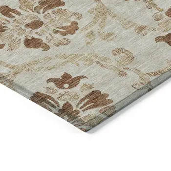 9' X 12' Terra Cotta Copper And Beige Floral Washable Indoor Outdoor Area Rug