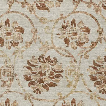 9' X 12' Terra Cotta Copper And Beige Floral Washable Indoor Outdoor Area Rug