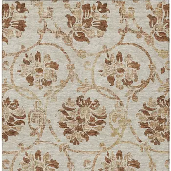 10' X 14' Terra Cotta Copper And Beige Floral Washable Indoor Outdoor Area Rug