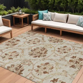 10' X 14' Terra Cotta Copper And Beige Floral Washable Indoor Outdoor Area Rug