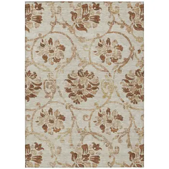10' X 14' Terra Cotta Copper And Beige Floral Washable Indoor Outdoor Area Rug