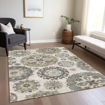 3' X 5' Beige Taupe And Brown Floral Medallion Washable Indoor Outdoor Area Rug