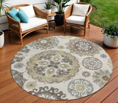 8' Beige Taupe And Brown Round Floral Medallion Washable Indoor Outdoor Area Rug