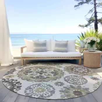 8' Beige Taupe And Brown Round Floral Medallion Washable Indoor Outdoor Area Rug