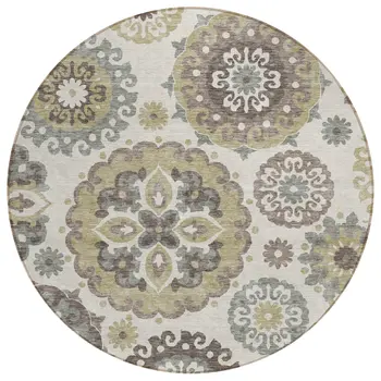 8' Beige Taupe And Brown Round Floral Medallion Washable Indoor Outdoor Area Rug