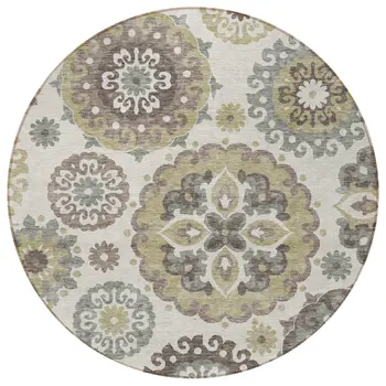 8' Beige Taupe And Brown Round Floral Medallion Washable Indoor Outdoor Area Rug