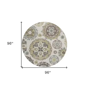 8' Beige Taupe And Brown Round Floral Medallion Washable Indoor Outdoor Area Rug