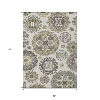 10' X 14' Beige Taupe And Brown Floral Medallion Washable Indoor Outdoor Area Rug