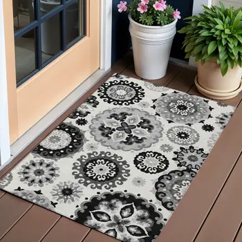 3' X 5' Black Gray And Silver Floral Medallion Washable Indoor Outdoor Area Rug