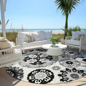 8' Black Gray And Silver Round Floral Medallion Washable Indoor Outdoor Area Rug