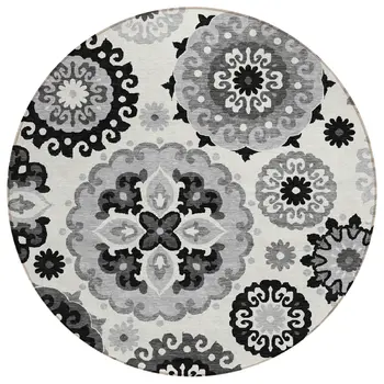 8' Black Gray And Silver Round Floral Medallion Washable Indoor Outdoor Area Rug