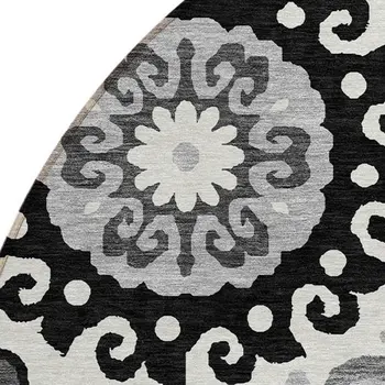 8' Black Gray And Silver Round Floral Medallion Washable Indoor Outdoor Area Rug
