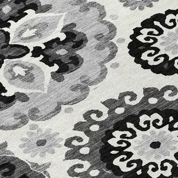 8' Black Gray And Silver Round Floral Medallion Washable Indoor Outdoor Area Rug