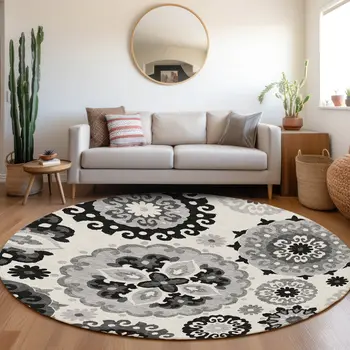 8' Black Gray And Silver Round Floral Medallion Washable Indoor Outdoor Area Rug