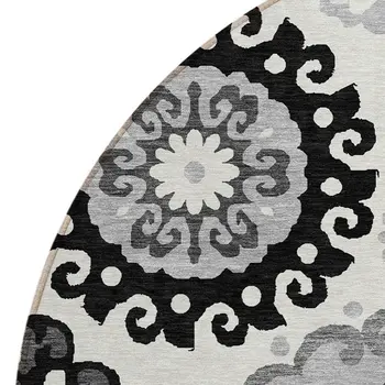 8' Black Gray And Silver Round Floral Medallion Washable Indoor Outdoor Area Rug