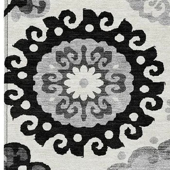 9' X 12' Black Gray And Silver Floral Medallion Washable Indoor Outdoor Area Rug