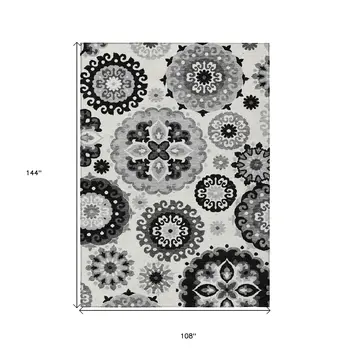 9' X 12' Black Gray And Silver Floral Medallion Washable Indoor Outdoor Area Rug