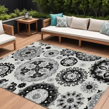 9' X 12' Black Gray And Silver Floral Medallion Washable Indoor Outdoor Area Rug