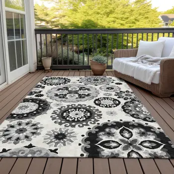 9' X 12' Black Gray And Silver Floral Medallion Washable Indoor Outdoor Area Rug