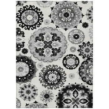 9' X 12' Black Gray And Silver Floral Medallion Washable Indoor Outdoor Area Rug