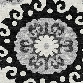 9' X 12' Black Gray And Silver Floral Medallion Washable Indoor Outdoor Area Rug
