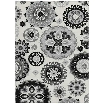 10' X 14' Black Gray And Silver Floral Medallion Washable Indoor Outdoor Area Rug