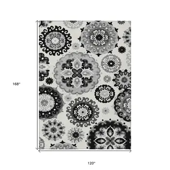 10' X 14' Black Gray And Silver Floral Medallion Washable Indoor Outdoor Area Rug