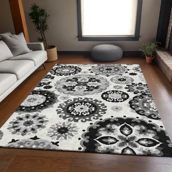10' X 14' Black Gray And Silver Floral Medallion Washable Indoor Outdoor Area Rug