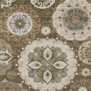 3' X 5' Brown Ivory And Beige Floral Medallion Washable Indoor Outdoor Area Rug