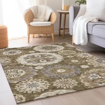 3' X 5' Brown Ivory And Beige Floral Medallion Washable Indoor Outdoor Area Rug