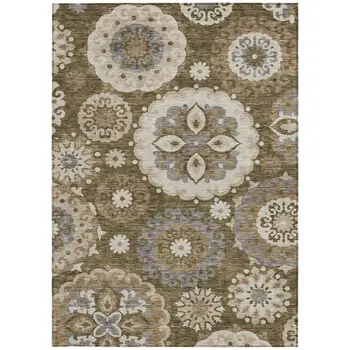 5' X 8' Brown Ivory And Beige Floral Medallion Washable Indoor Outdoor Area Rug