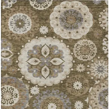 5' X 8' Brown Ivory And Beige Floral Medallion Washable Indoor Outdoor Area Rug