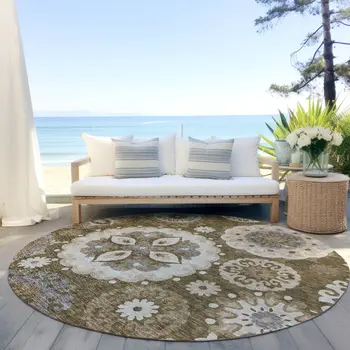 8' Brown Ivory And Beige Round Floral Medallion Washable Indoor Outdoor Area Rug