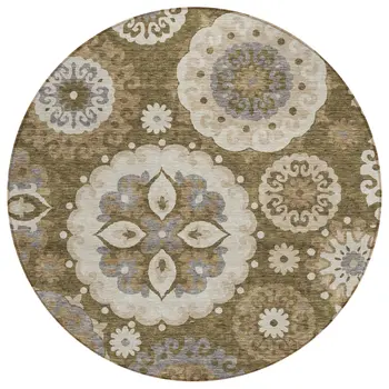 8' Brown Ivory And Beige Round Floral Medallion Washable Indoor Outdoor Area Rug