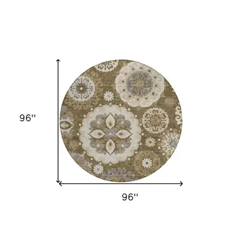 8' Brown Ivory And Beige Round Floral Medallion Washable Indoor Outdoor Area Rug