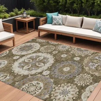10' X 14' Brown Ivory And Beige Floral Medallion Washable Indoor Outdoor Area Rug