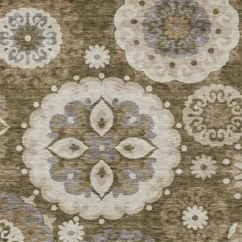 10' X 14' Brown Ivory And Beige Floral Medallion Washable Indoor Outdoor Area Rug