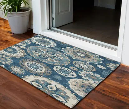 3' X 5' Navy Blue And Taupe Floral Medallion Washable Indoor Outdoor Area Rug
