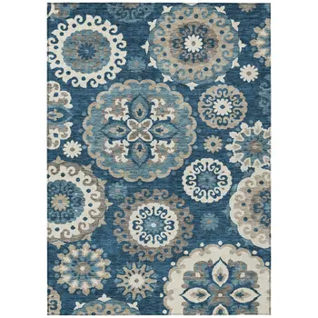 3' X 5' Navy Blue And Taupe Floral Medallion Washable Indoor Outdoor Area Rug