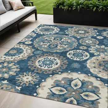 5' X 8' Navy Blue And Taupe Floral Medallion Washable Indoor Outdoor Area Rug