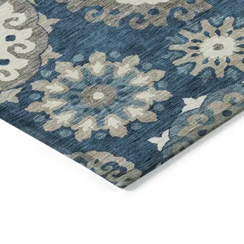 5' X 8' Navy Blue And Taupe Floral Medallion Washable Indoor Outdoor Area Rug