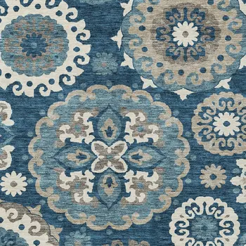 5' X 8' Navy Blue And Taupe Floral Medallion Washable Indoor Outdoor Area Rug