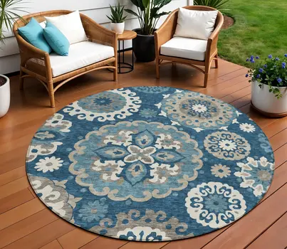 8' Navy Blue And Taupe Round Floral Medallion Washable Indoor Outdoor Area Rug