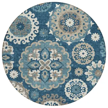 8' Navy Blue And Taupe Round Floral Medallion Washable Indoor Outdoor Area Rug