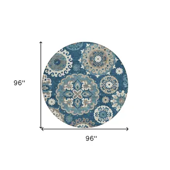 8' Navy Blue And Taupe Round Floral Medallion Washable Indoor Outdoor Area Rug