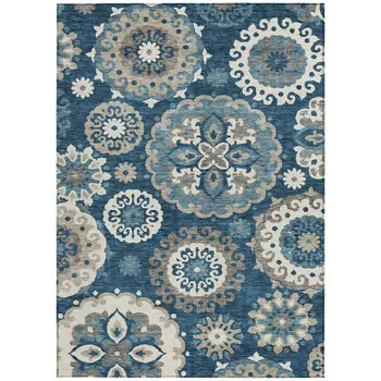 9' X 12' Navy Blue And Taupe Floral Medallion Washable Indoor Outdoor Area Rug