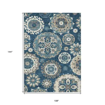 9' X 12' Navy Blue And Taupe Floral Medallion Washable Indoor Outdoor Area Rug