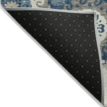 9' X 12' Navy Blue And Taupe Floral Medallion Washable Indoor Outdoor Area Rug